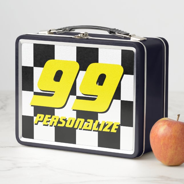 Kid's custom lunch box with checkered race flag (In Situ)