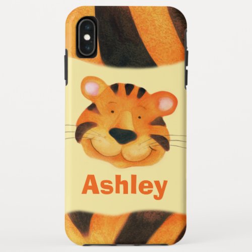 Kids custom name cute tiger face orange iPhone XS max case