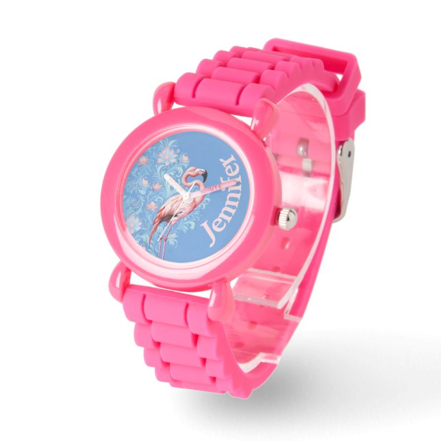 Kids Custom Name Pink Flamingo Watch (Angle)