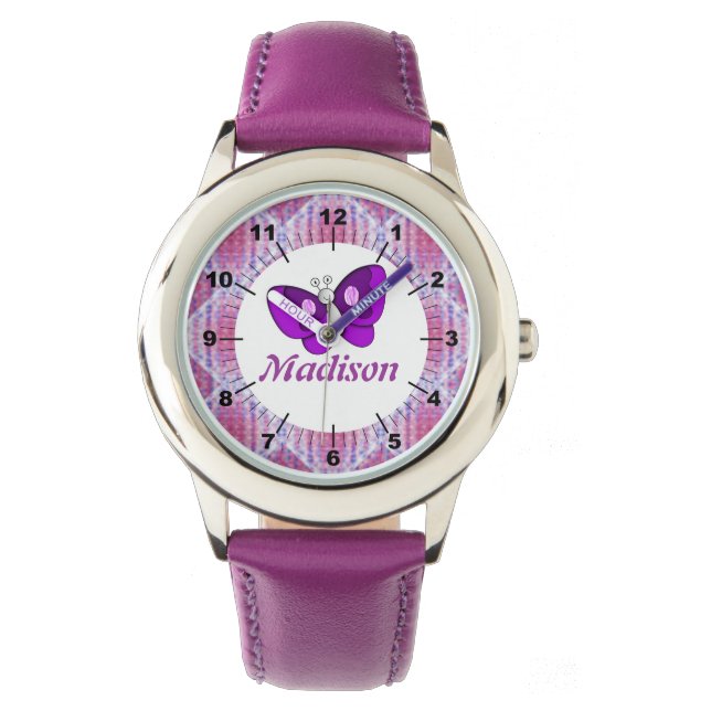 Kids Custom name Pink Purple Plaid Butterfly Watch (Front)