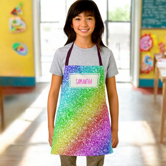Kids Custom name Rainbow glitter aprons (Creator Uploaded)
