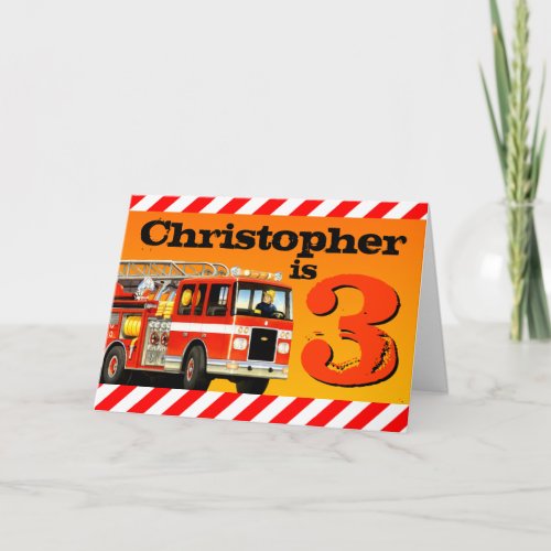 Kids Custom Name Red Fire Truck Happy 3rd Birthday Card