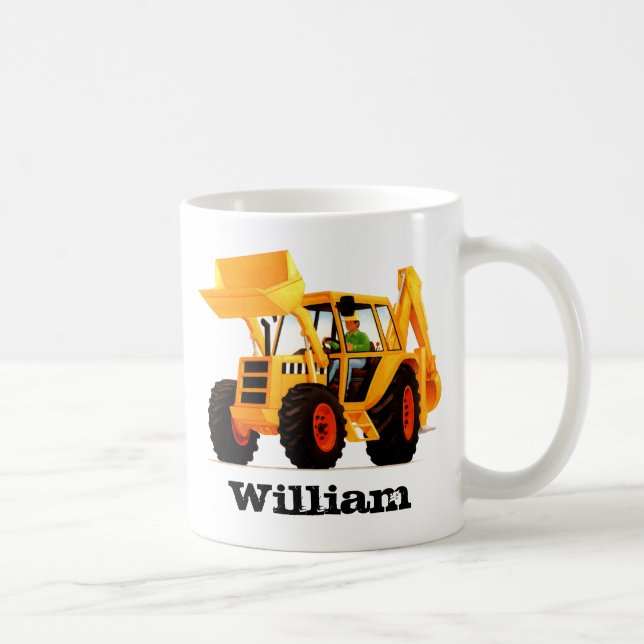 Kid's Custom Name Yellow Construction Digger Coffee Mug (Right)