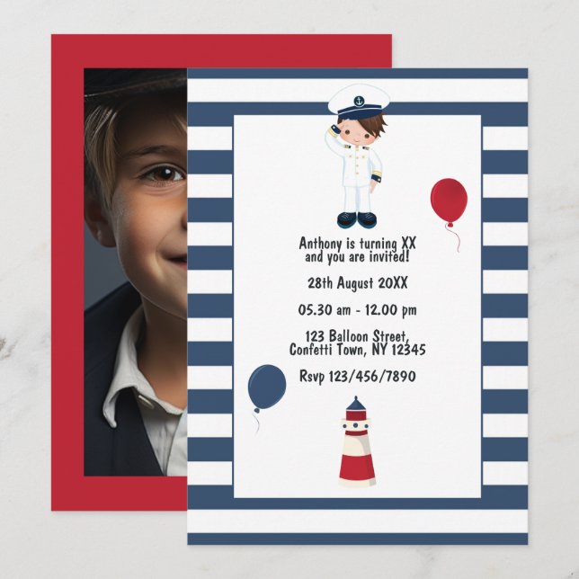 Kids Custom Nautical Sailor Birthday Party Photo Invitation (Front/Back)