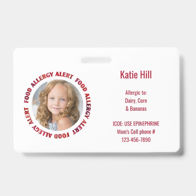 Kids Custom Photo Food Allergy Medical Alert Badge (Front)