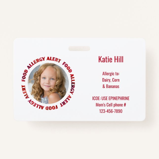 Kids Custom Photo Food Allergy Medical Alert Badge (Front)