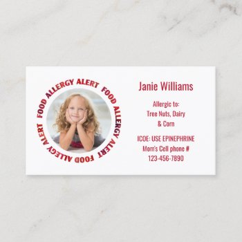 Kids Custom Photo Food Allergy Medical Alert Calling Card by LilAllergyAdvocates at Zazzle