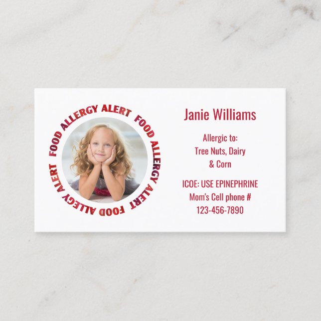 Kids Custom Photo Food Allergy Medical Alert Calling Card (Front)
