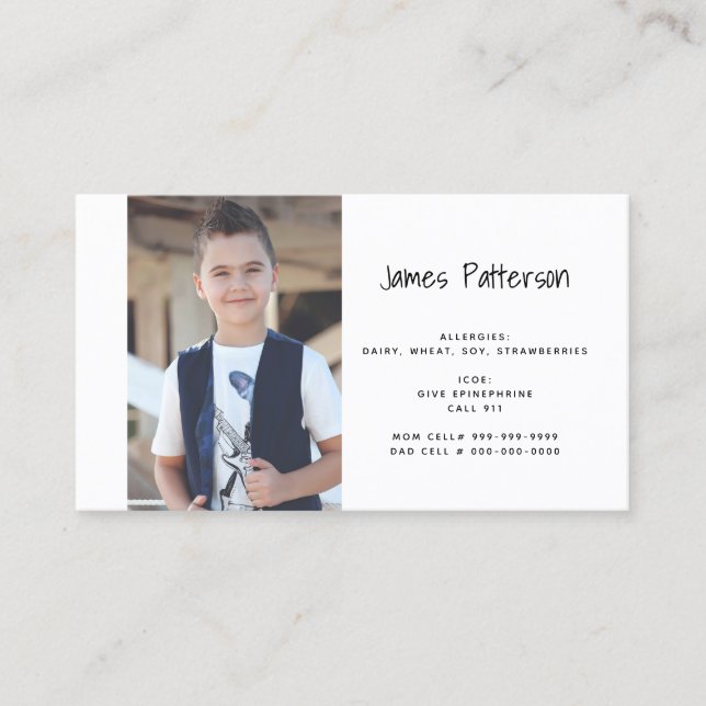 Kids Custom Photo Food Allergy Medical Alert Card (Front)