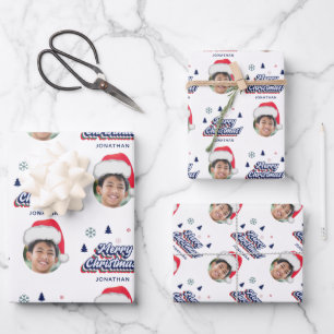 Kid's Custom Photo & Name Santa Hat Retro Xmas Fun Wrapping Paper Sheets