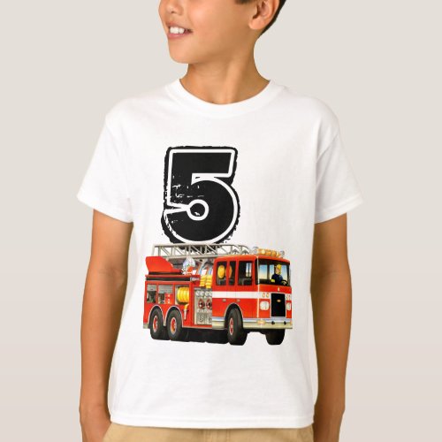 Kids Custom Red Fire Truck 5th Birthday T_Shirt