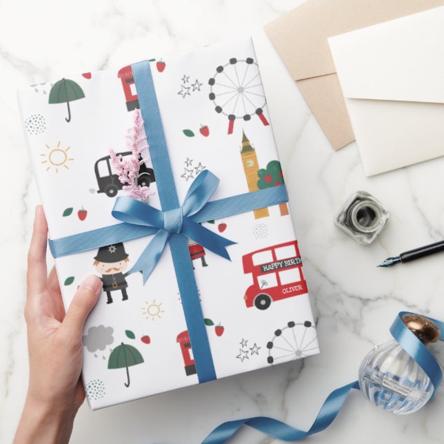 Kids Custom Red London Bus & Clock Tower Birthday Wrapping Paper (Gifting)