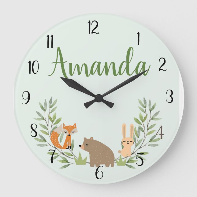 Kids Custom Woodland Nursery Wall Clock (Front)