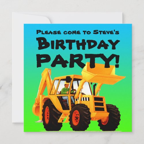 Kids Custom Yellow Digger Construction Party Invitation