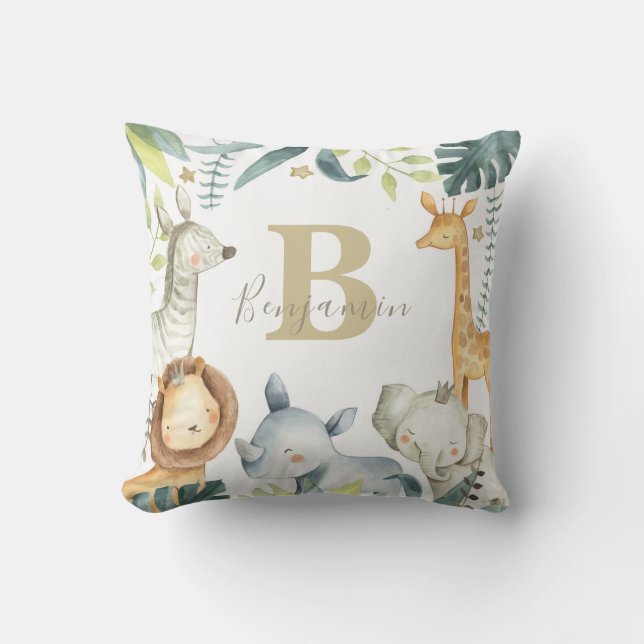 Kids Customized Watercolor Jungle Throw Pillow (Front)