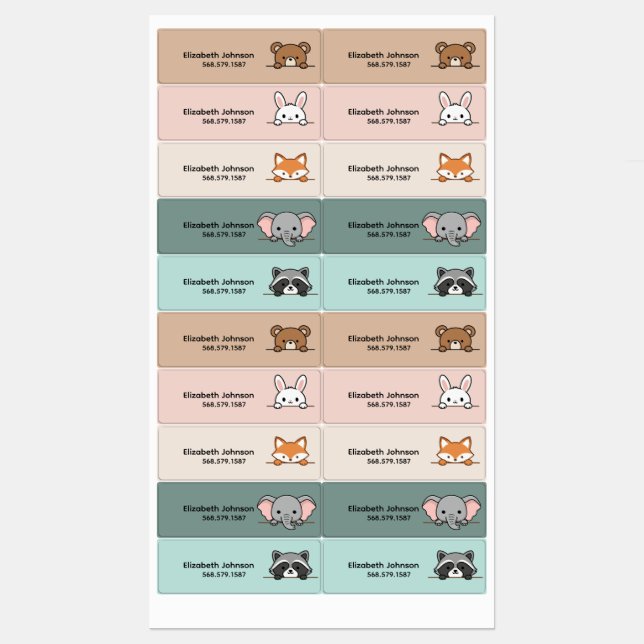 Kids Cute Animals Cartoon Name School Labels (Sheet)
