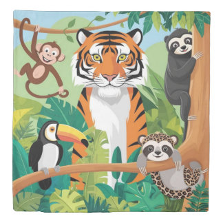 Kids Cute Animals Jungle Tiger Monkey Bird Duvet Cover