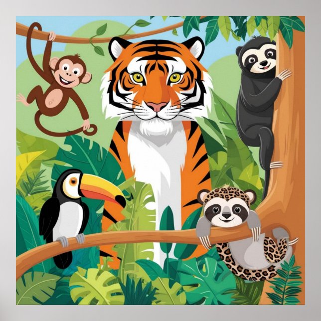 Kids Cute Animals Jungle Tiger Monkey Bird Poster (Front)