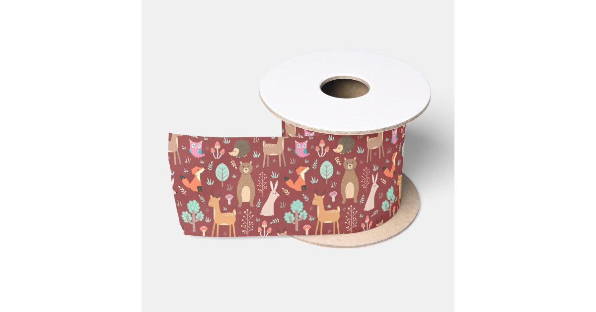 Kids Cute Animals Red Deer Rabbit Bear Fox Owl Satin Ribbon | Zazzle