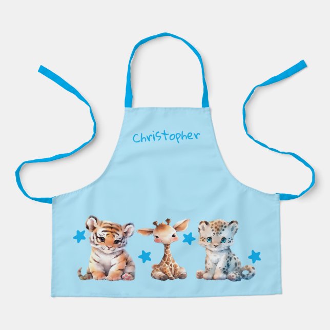 Kid's cute animals stars add name blue apron (Front)