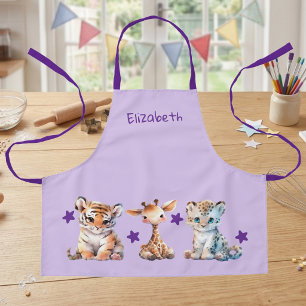 Kid's cute animals stars add name purple apron