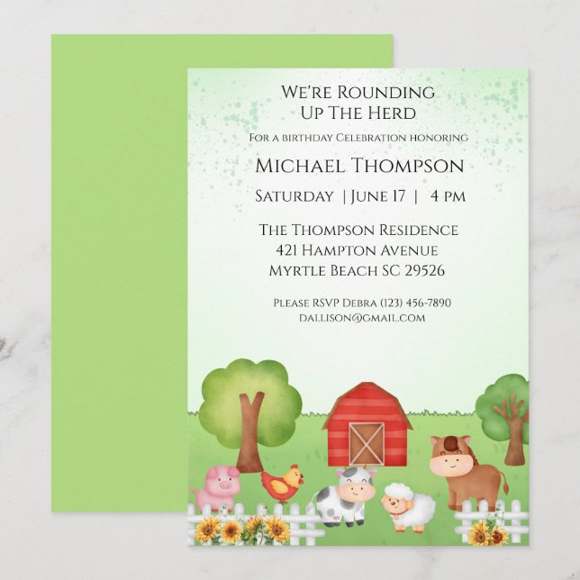Kids Cute Barnyard Animals  Birthday Invitation (Front/Back)
