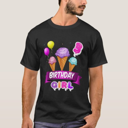 Kids Cute Birthday Girl Little Ice Cream Is Three T_Shirt