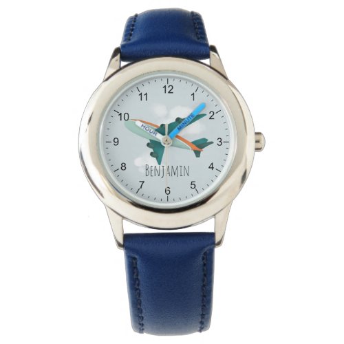 Kids Cute Blue Airplane Boys Travel Watch