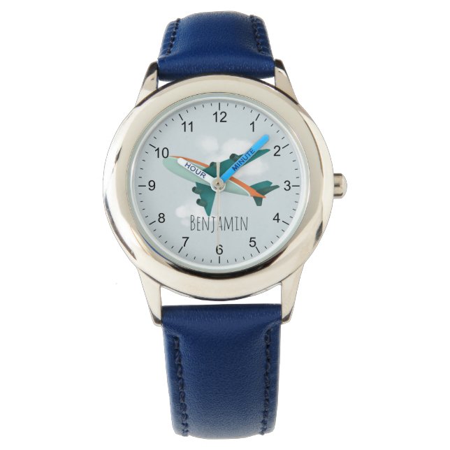 Kids Cute Blue Airplane Boys Travel Watch (Front)