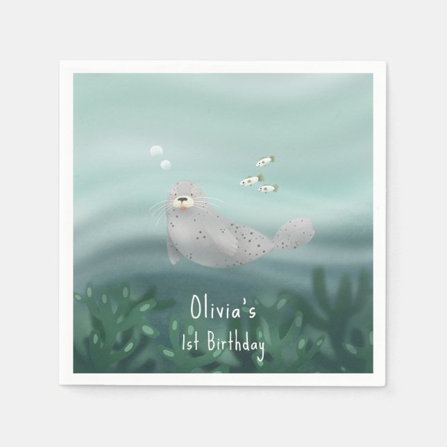 Kids Cute Blue Ocean Seal 1st Birthday Napkins (Front)