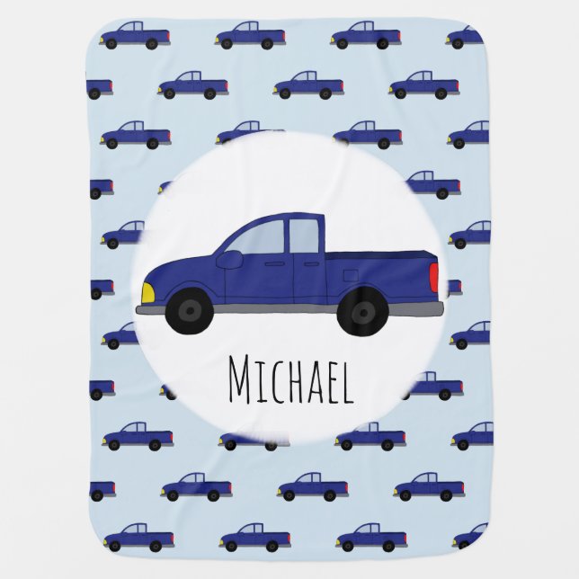 Kids Cute Blue Pickup Truck and Name Boys Baby Blanket (Front)