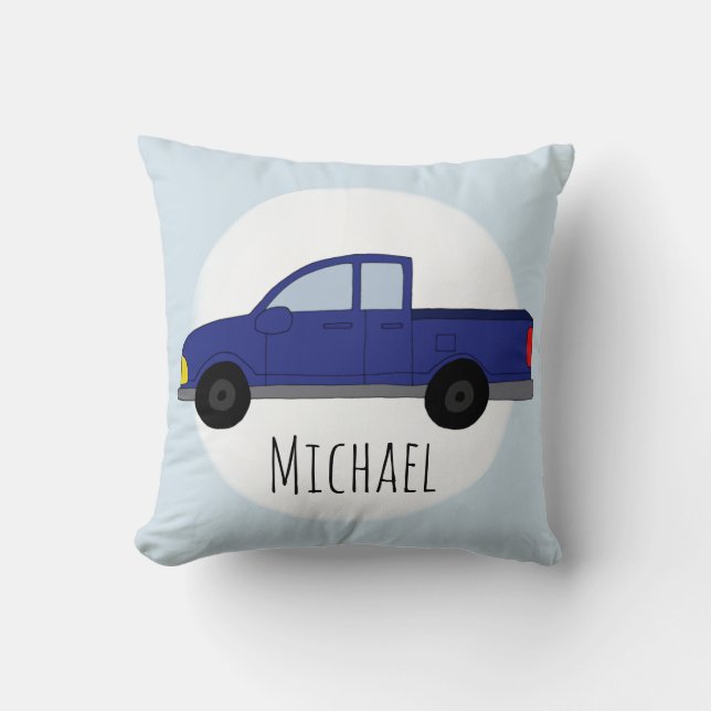 Kids Cute Blue Pickup Truck Boys Name Nursery Throw Pillow (Front)