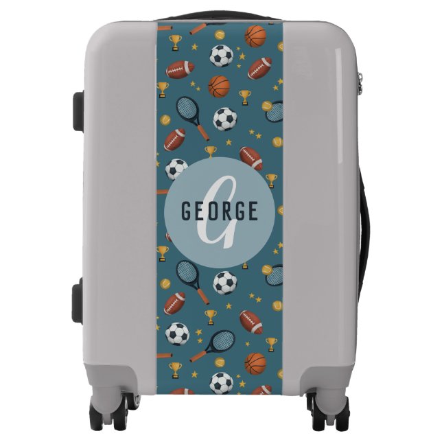 Kids Cute Blue Sports Monogram Boys Luggage (Front)