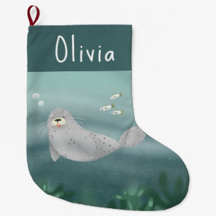Kids Cute Blue Under the Sea Seal Large Christmas Stocking