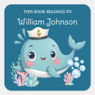 Kids Cute Blue Whale Library Bookplate