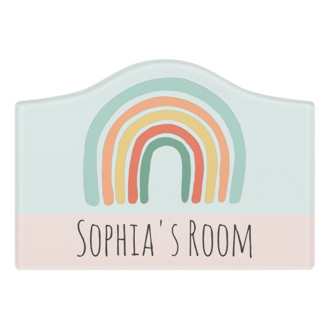 Kids Cute Boho Pink Rainbow Nursery Door Sign (Small Crest Front)