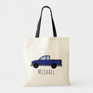 Kids Cute Boys Blue Pickup Truck Cartoon Name Tote Bag