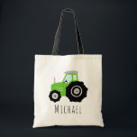 Kids Cute Boys Green Farm Tractor and Name  Tote Bag<br><div class="desc">This cute boy's farm-themed tote bag features a green tractor cartoon and has a place for you to add your child/baby's name in beautiful typography. Perfect to use as a bag for your little boy,  or as a simple diaper bag for a new mom! Great gift for farm lovers.</div>