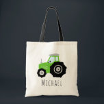Kids Cute Boys Green Farm Tractor and Name  Tote Bag<br><div class="desc">This cute boy's farm-themed tote bag features a green tractor cartoon and has a place for you to add your child/baby's name in beautiful typography. Perfect to use as a bag for your little boy,  or as a simple diaper bag for a new mom! Great gift for farm lovers.</div>