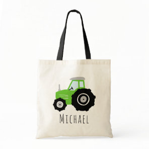 Kids Cute Boys Green Farm Tractor and Name  Tote Bag