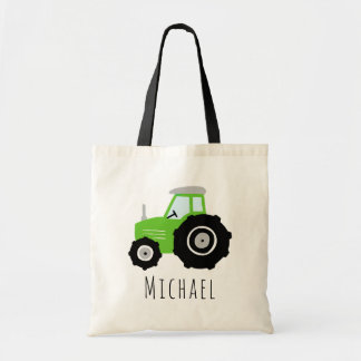 Kids Cute Boys Green Farm Tractor and Name  Tote Bag