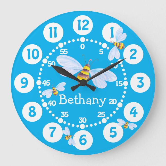Kids cute bumble bees white blue wall clock (Front)