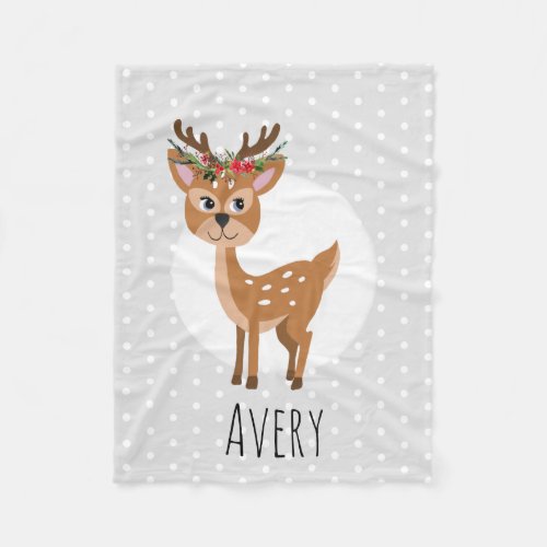 Kids Cute Christmas Flower Reindeer and Name Fleece Blanket