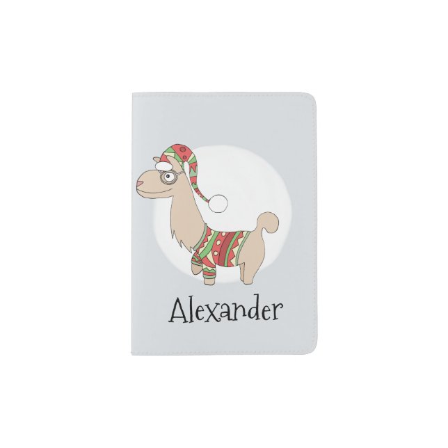 Kids Cute Christmas Llama and Name Passport Holder (Front)