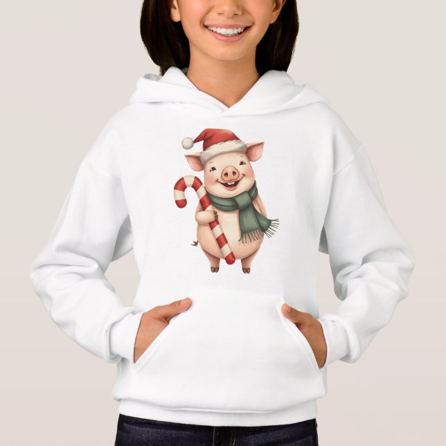 Kids Cute Christmas Pig with Candy Cane Hoodie (Front)