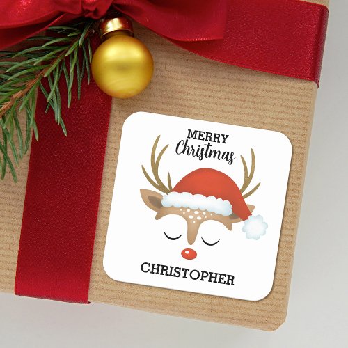 Kids Cute Christmas Reindeer Square Sticker