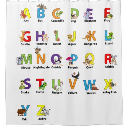 Kids Cute Colorful Animal Alphabet White Shower Curtain