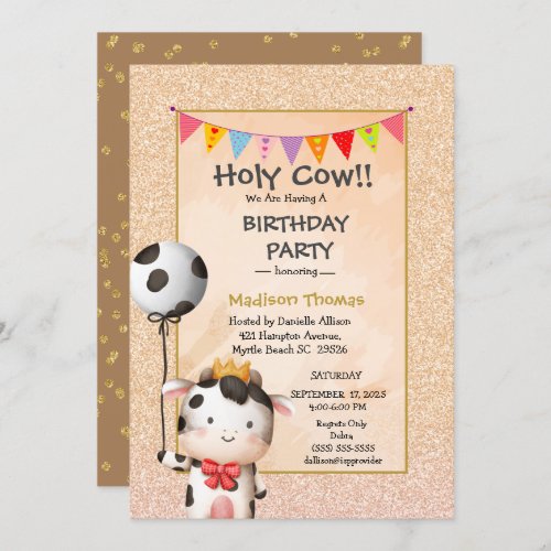Kids Cute Cow Girls Glitter Birthday Party   Invit Invitation
