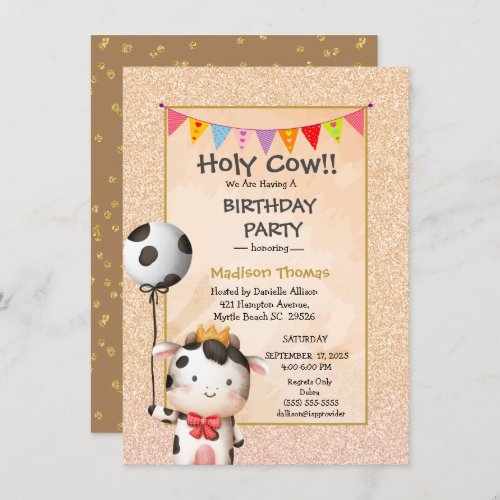 Kids Cute Cow Girls Glitter Birthday Party   Invitation