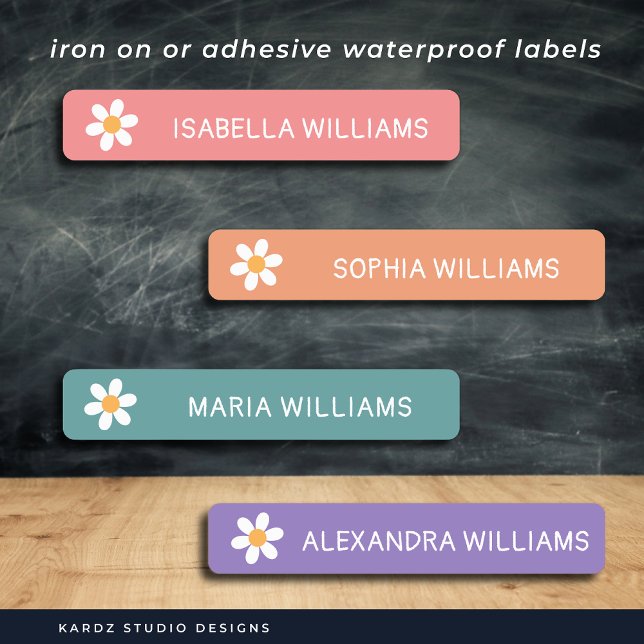 Kids Cute Daisy Girls Name Iron On Labels  (Personalize with up to 4 names, choose iron-on, adhesive waterproof, or clothes labels.)